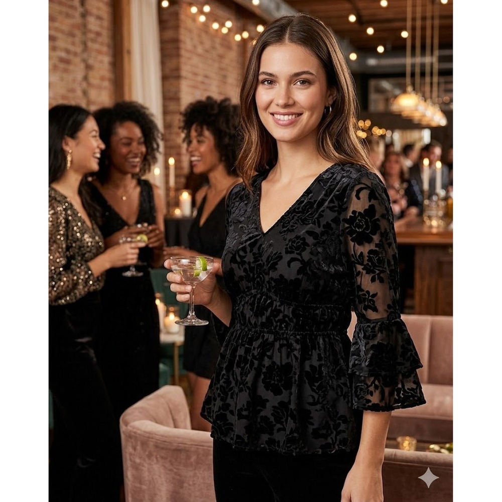 DR2 by Daniel Rainn Black Floral Burnout Velvet Tunic V-Neck Bell Sleeve Top L